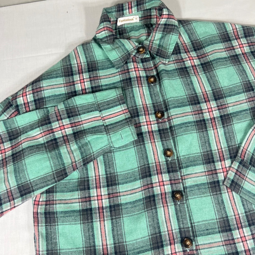 Fantaslook Flannel Shirt Womens Medium Mint Green Pink Plaid Button Up Sleeve